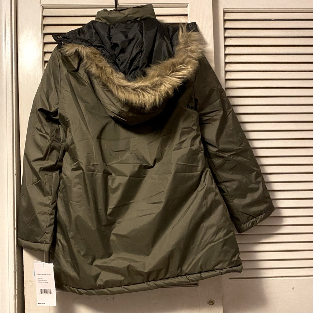 Olive green jacket with fur hood